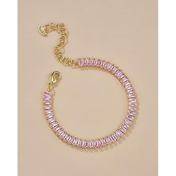 18K Gold Plated Adjustable Tennis Bracelet for Women, Baguette CZ - Rose