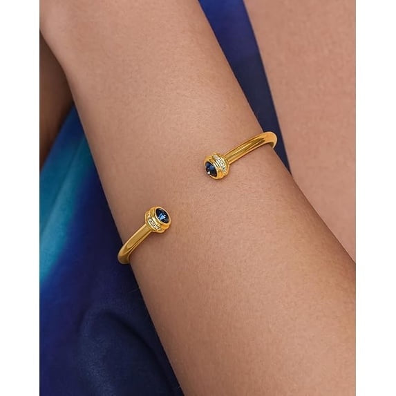 Gold Plated Open Cuff Bangle Bracelet with Blue CZ Accents for Women