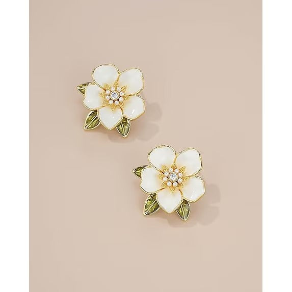 SNGIA White Enamel Floral Stud Earrings with Green Leaf Detail, 18K Gold Plated, CZ Accent