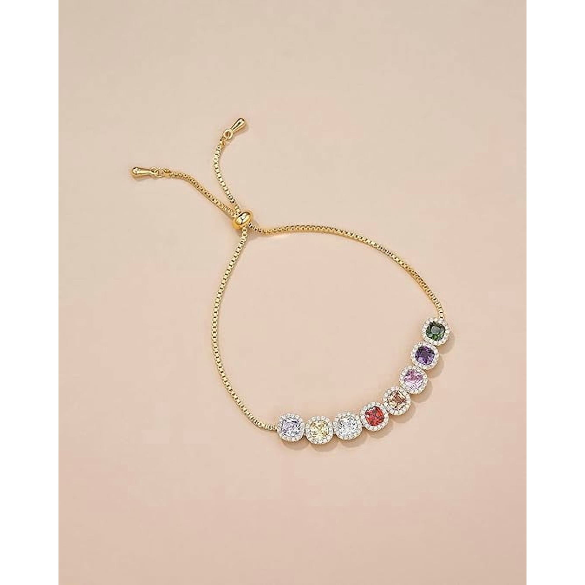 Gold Tone Adjustable Multicolor CZ Floral Tennis Bracelet for Women