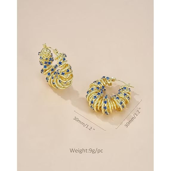 SNGIA 18K Gold Plated Chunky Twisted Open Hoop Earrings for Women with Sapphire Accent