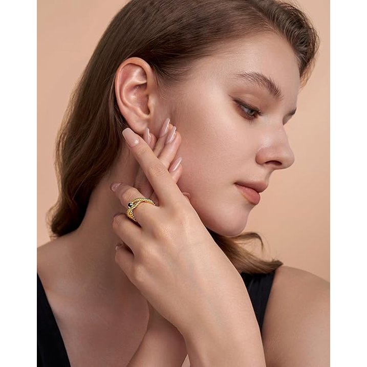 18K Gold Plated Adjustable Open Ring with Black Onyx Style Stone for Women
