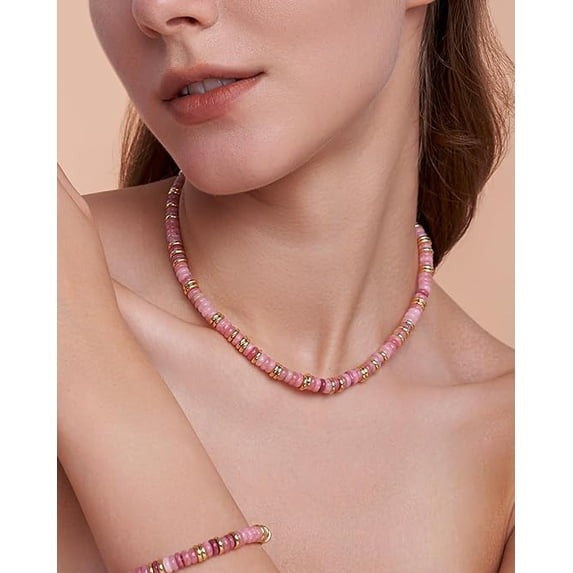 SNGIA 18K Gold Plated Natural Stone Beaded Choker Necklace for Women, Adjustable Rose