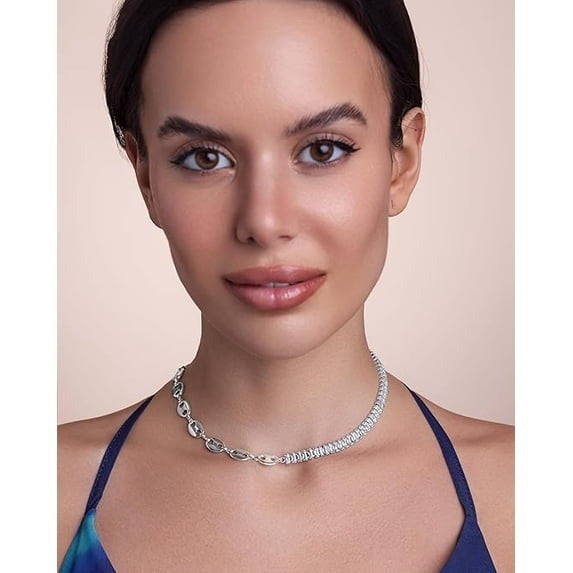 SNGIA Silver Plated CZ Half Tennis Link Choker Necklace for Women, Statement Chain Jewelry