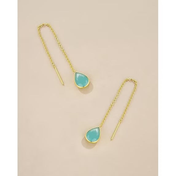 SNGIA 18K Gold Plated Threader Dangle Earrings for Women with Lagoon Teardrop Stone