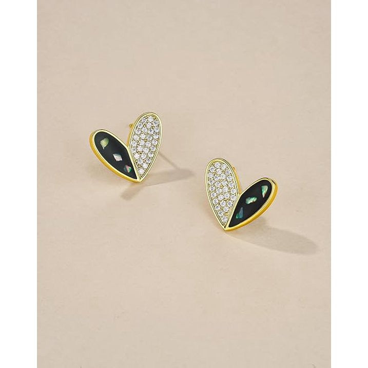 SNGIA Heart Stud Earrings for Women, 14K Gold Plated, Dark Abalone and Cubic Zirconia