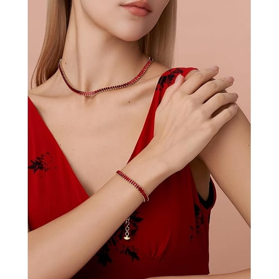 18K Gold Plated Adjustable Tennis Bracelet for Women, Baguette CZ - Ruby