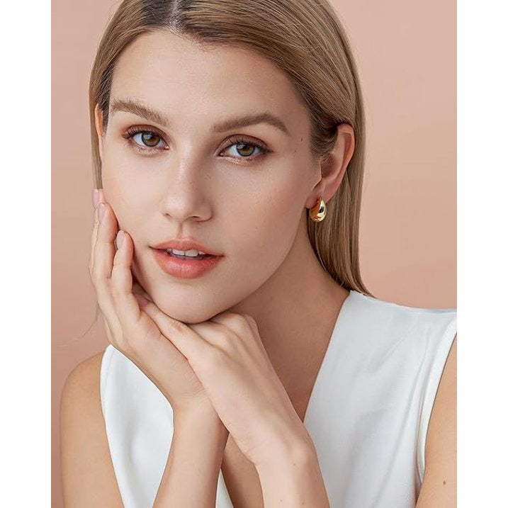 SNGIA 18K Gold Plated Teardrop Stud Earrings, Chunky Water Drop Design, 3 Sizes for Women