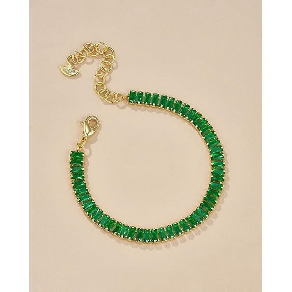 18K Gold Plated Adjustable Tennis Bracelet for Women, Baguette CZ - Emerald