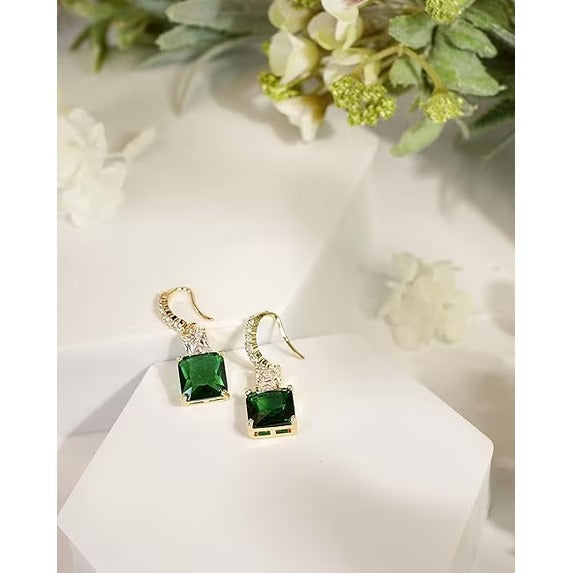 18K Gold Plated Green Statement Dangle Earrings with Square-Cut Stone for Women