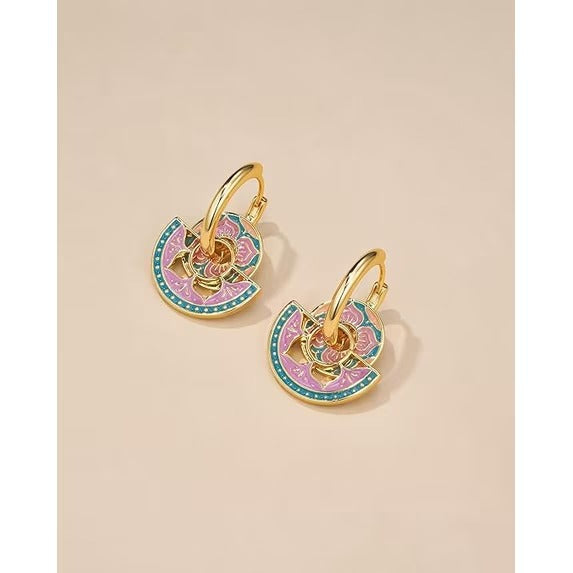 SNGIA 18K Gold Plated Pink Teal Enamel Geometric Disc Hoop Drop Earrings for Women