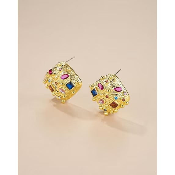 SNGIA 18K Gold Plated Colorful CZ Statement Stud Earrings for Women, Textured Geometric Design