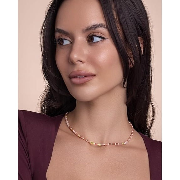 SNGIA 18K Gold Plated Pink Beaded Choker Necklace for Women, Adjustable Dainty Strand Jewelry