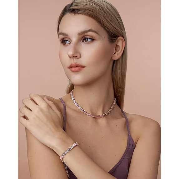 18K Gold Plated Rose Pink Baguette Crystal Tennis Choker Necklace for Women, Adjustable Statement Chain