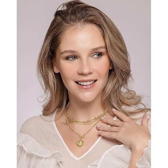 SNGIA Gold Layered Necklace for Women with Medallion Pendant, 3 Chain Fashion Necklace