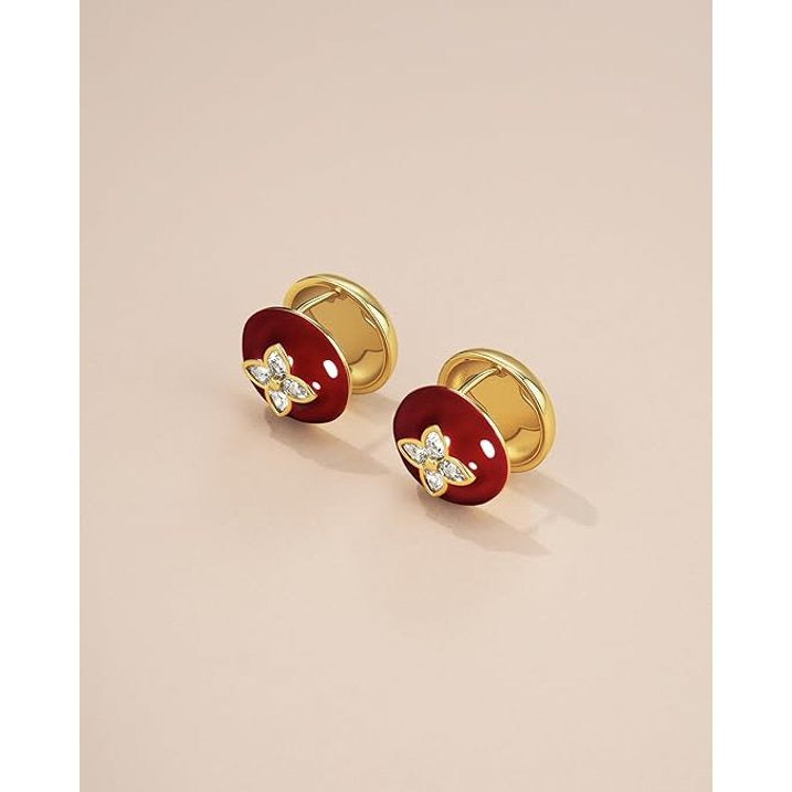 SNGIA 18K Gold Plated Burgundy Enamel Clover Round Stud Earrings with CZ for Women