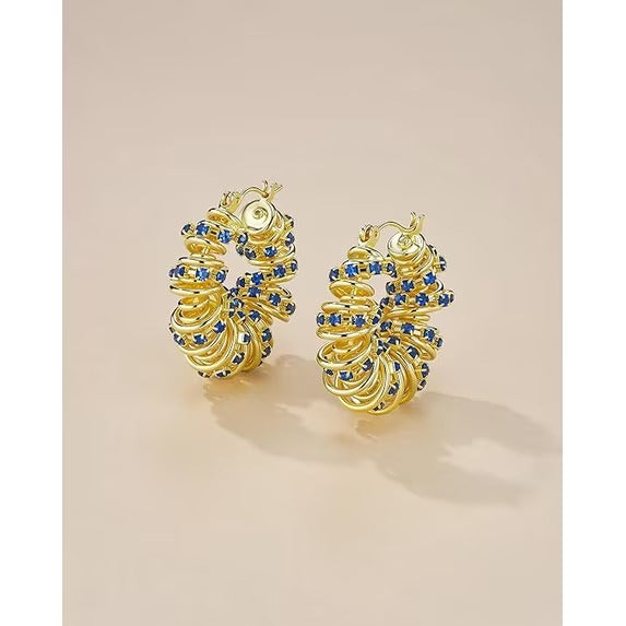 SNGIA 18K Gold Plated Chunky Twisted Open Hoop Earrings for Women with Sapphire Accent